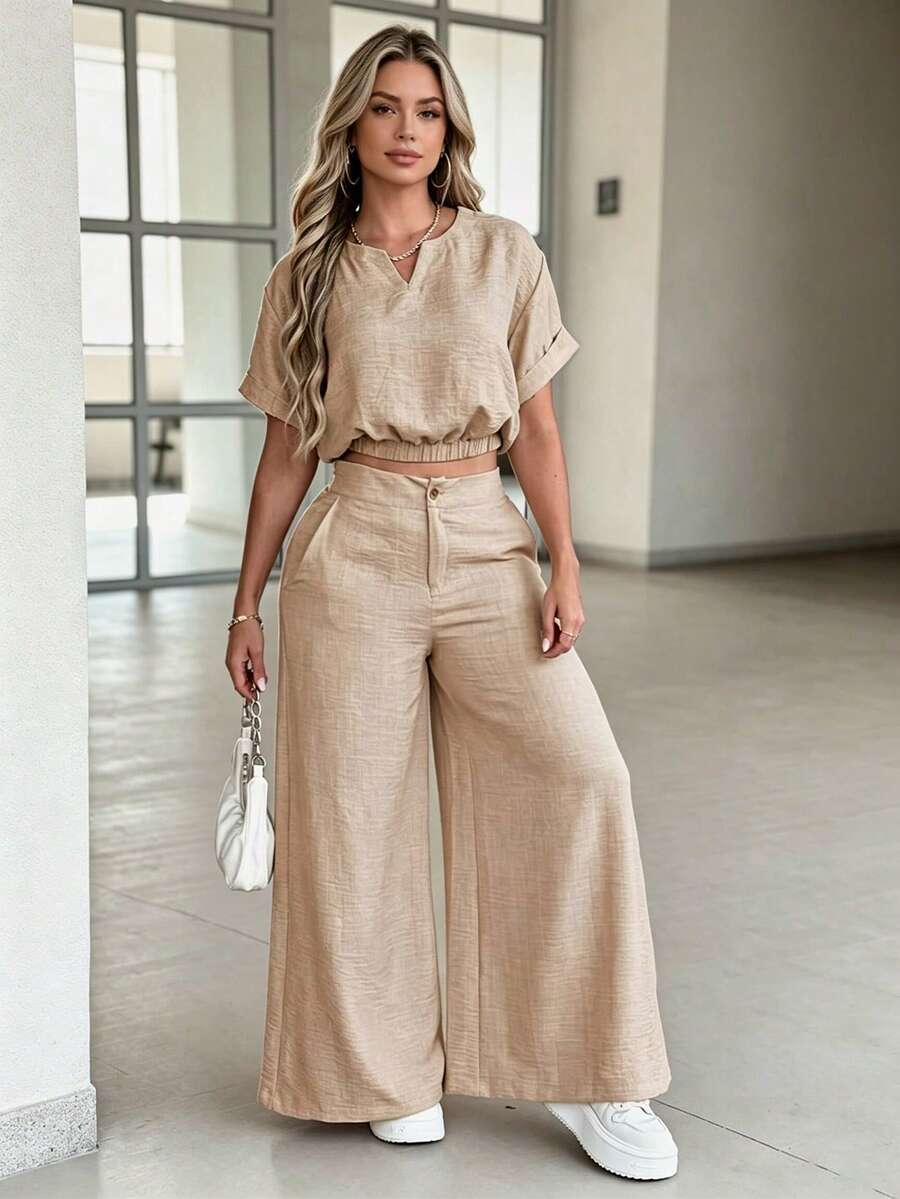 Summer Women's Simple Casual Set: Round-Neck Short-Sleeve Top And High-Waisted Pocketed Zipper Wide-Leg Pants (Two Pieces Set) Elegant - Khaki - View 1