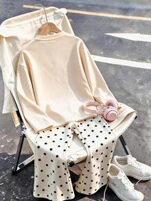 This 2 Pieces Set For Older Girls And Teenagers Includes An Apricot Long-Sleeve Top And A Pair Of All-Over Polka Dot Flared Pants; Featuring A Creative Design With Leopard Print Letter 67 Pattern, The Overall Style Is Simple And Casual - Apricot - View 4
