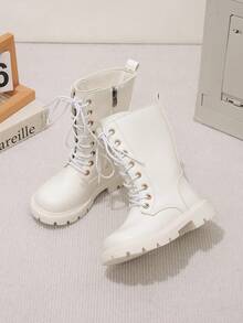 1 Pasang Sepatu Bot Kasual Modis Musim Semi/Gugur Terbaru, Hangat dan Nyaman, Ujung Bulat, Desain Resleting Samping, Panjang Setengah Betis untuk Anak Perempuan, Sepatu Bot Klasik - Putih - View 5