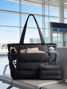 Casual And Minimalist Style, Fashionable Solid Color Series Quilted Tote Bag, Large Capacity Versatile Texture Shoulder Bag, Can Accommodate Tablets - Black - View 3