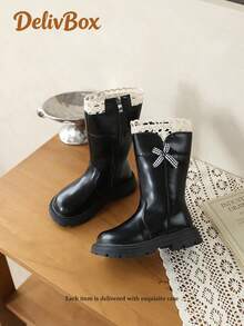 Girls' Lace Trim Mid-Calf Leather Boots, Brown & Black British Style Thick Sole Boots With Bow And Side Zipper, Autumn/Winter - Black - View 3
