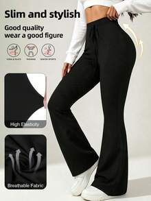 Celana Panjang Wanita Model Bell Bottom dengan Tali Serut, Gaya Kasual Ketat, Kaki Panjang, Cocok untuk Semua Musim, Potongan Longgar untuk Pakaian Kantor - Hitam - View 2