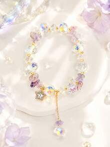 1pc Minimalist Sexy Aesthetic Fairy Style Y2K Iridescent Crystal Bracelet, Exclusive For Teenage Girls, Gold Zirconia Star Pendant With Tassel, Elastic Band, Jewelry, Suitable For Prom, Graduation Season, Music Festival, Daily Wear, Best Friend Birthday, Valentine's Day Gift - Multicolor - View 10