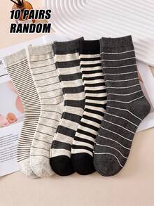 3/5/10 Pairs Random Assorted Unisex Retro Grey Tone Thick & Thin Horizontal Striped Ribbed Skin-Friendly Durable Comfortable Breathable Korean Minimalist Mid-Calf Socks For Daily Wear, Home, Commuting, Holiday Gifts, Office - Multicolor - View 12