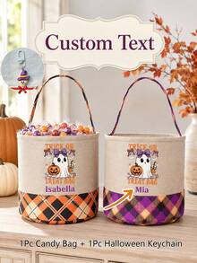 Customizable Personalized Halloween Trick Or Treat Bags - Featuring Self-Defined Names With Adorable, Pumpkin, And Bat Designs, Perfect For Halloween Parties, Events, And Holiday Celebrations, Halloween Decoration Storage, Prank Designs - Multicolor - View 2