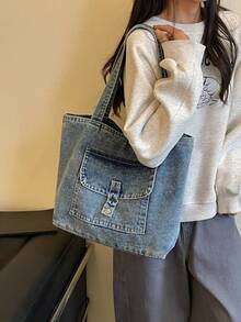 Fashionable Textured Large Capacity Denim Tote Bag, Casual Convenient Versatile Women's Handbag, Daily Commute Shopping Travel Shoulder Bag - Multicolor - View 6