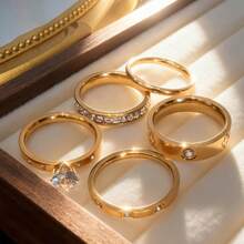 5pcs 18K Gold Plated Delicate Luxury Shiny Ring Set, Stainless Steel And Copper Jewelry Set, Multiple Sizes Available To Solve Your Size Anxiety, Waterproof, Wear-Resistant, Hypoallergenic, Suitable For Women's Daily Wear, Party, Gift, Vacation, Fashion Jewelry - Gold 5-piece Set - View 5