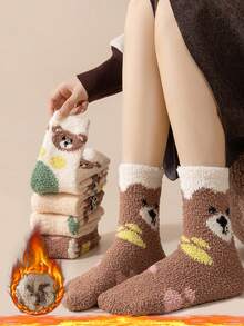 3/5 Pairs Random Women's Coral Fleece Mid-Calf Socks, Winter Warm Sleep Socks, Floor Socks, Cute Bear Pattern Fuzzy Socks, Coffee Color Versatile Women's Socks - Multicolor - View 1