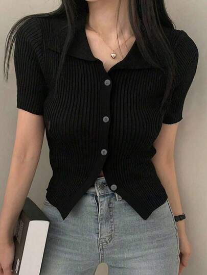 2025 Spring And Summer Slim Elegant Short Sleeve Button Cardigan Black