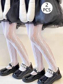 2雙女童幼兒網襪褲襪，黑色白色純色，連腳網襪褲，卡通愛心圖案、直條紋提花薄款高彈力連腳襪褲，網襪絲襪舞褲，適合日常、學校、可愛風格，春夏四季通用，適合學生日常聚會，可搭配裙子、短褲、小皮鞋，開學季新學期校園教室穿搭 - 彩色 - 查看 12