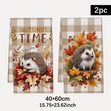 2PCS Kitchen Towel, Autumn Plaid Maple Leaf Hedgehog Pattern, 40*60cm Rectangular Microfiber Kitchen Towel, Dishcloth, Tablecloth, Hand Towel, Kitchen Decor, Home Decor, Neighbor Housewarming Gift, Kitchen Napkin And Dishcloth, Home Decor, Gift, Perfect For Kitchen And Bathroom Use - Light Grey - View 2