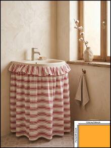 1/2pcs Beige With Red Horizontal Stripes Fabric Wash Basin Skirt, Warm Pastoral Style, Round Top With Ruffle Edge And Gathered Hem Detail, Covers Wash Basin Pipes And Decorative Beautification Function, Suitable For Warm Tone Bathroom And Cozy Home Decor Scenes - Red - View 10