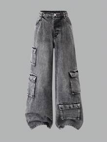 Teen Girls Dark Gray Multi-Pocket Cargo Denim Loose Straight Wide Leg Pants, All-Season Fashion Style - Black - View 5