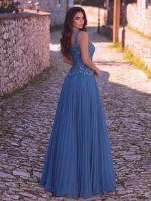 Faeriesty Luxury Elegant Beaded & Sequined Pleated Long Formal Evening Gown Party Wedding, Prom Dress Fall - Dusty Blue - View 2