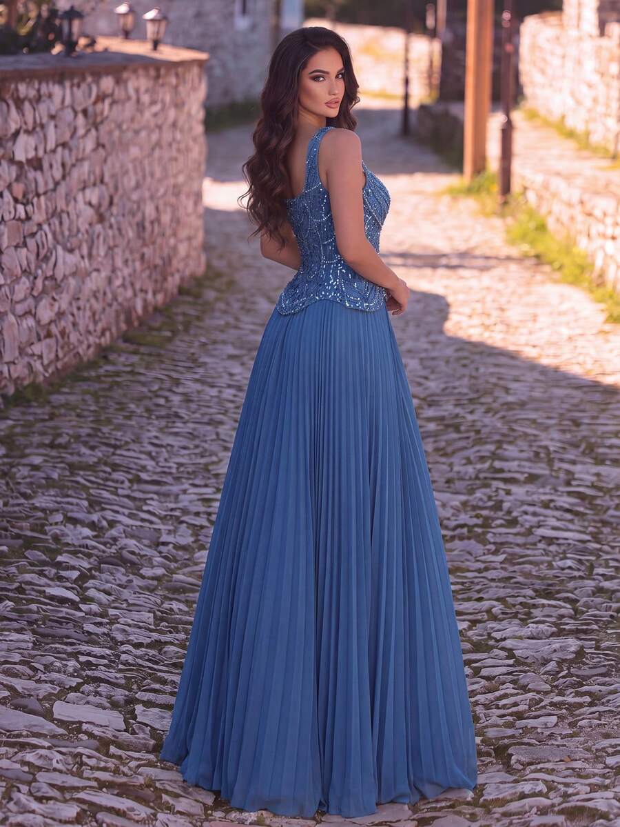 Luxury Elegant Beaded & Sequined Pleated Long Formal Evening Gown Party Wedding, Prom Dress Fall - Dusty Blue - View 1