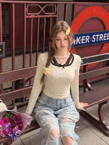 Women's Lace Patchwork 2 In 1 Long Sleeve T-Shirt, Bowknot Slim Fit Flattering Minimalist Sexy Base Layer Top - Apricot - View 4