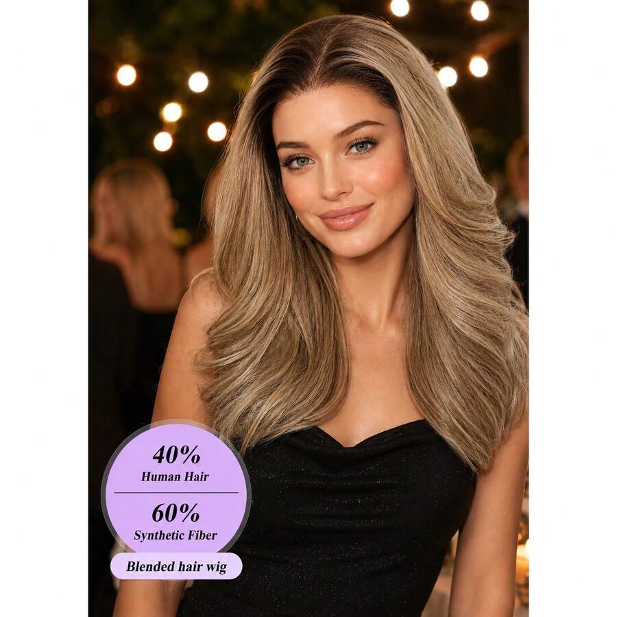 Glueless Human Hair Blend Lace Front Wig 16 Inch, Brown To Ash Blonde Balayage Highlights, Natural Hairline Center Part, Beginner Friendly, Style Memory - S2/4/22 - View 1