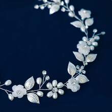 Pearl Flower Leaf Bridal Hair Vine, Gold/Silver Rhinestone Wedding Headband With Ribbon, Bohemian Style Bridesmaid Prom Party Hair Accessory - Multicolor - View 8