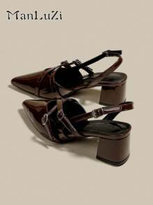 ManLuZi Women's Coffee Brown Pointed Toe Slingback Chunky Heel High Heel Pumps Elegant Formal Fashion Slingback Pumps - Coffee Brown - View 1
