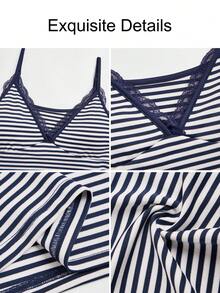 Tank Top Wanita Rajut Bergaris Slim Fit dengan Tali Bahu Tipis, Desain Patchwork Renda, Atasan Serbaguna untuk Semua Musim - Navy Blue - View 3