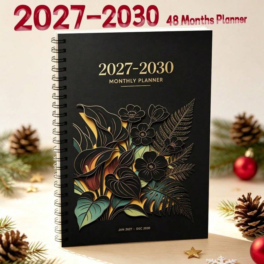 1PC A5 4-Year Monthly Planner 2027-2030 Water Lily Pond Floral Cover Design, Spiral Bound 48-Month Calendar Notebook With Monthly Tabs, Twin-Wire Premium Paper, Weekly & Monthly Organizer For Student Office School - A5 - View 1