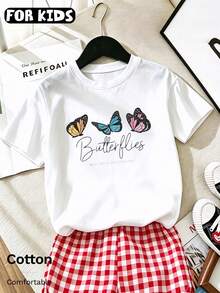Soft And Comfortable Young Girls Short-Sleeve T-Shirt, Butterfly And Letter Print, Crew Neck Casual Style, Suitable For Daily Wear, Butterfly Pattern Print - White - View 1