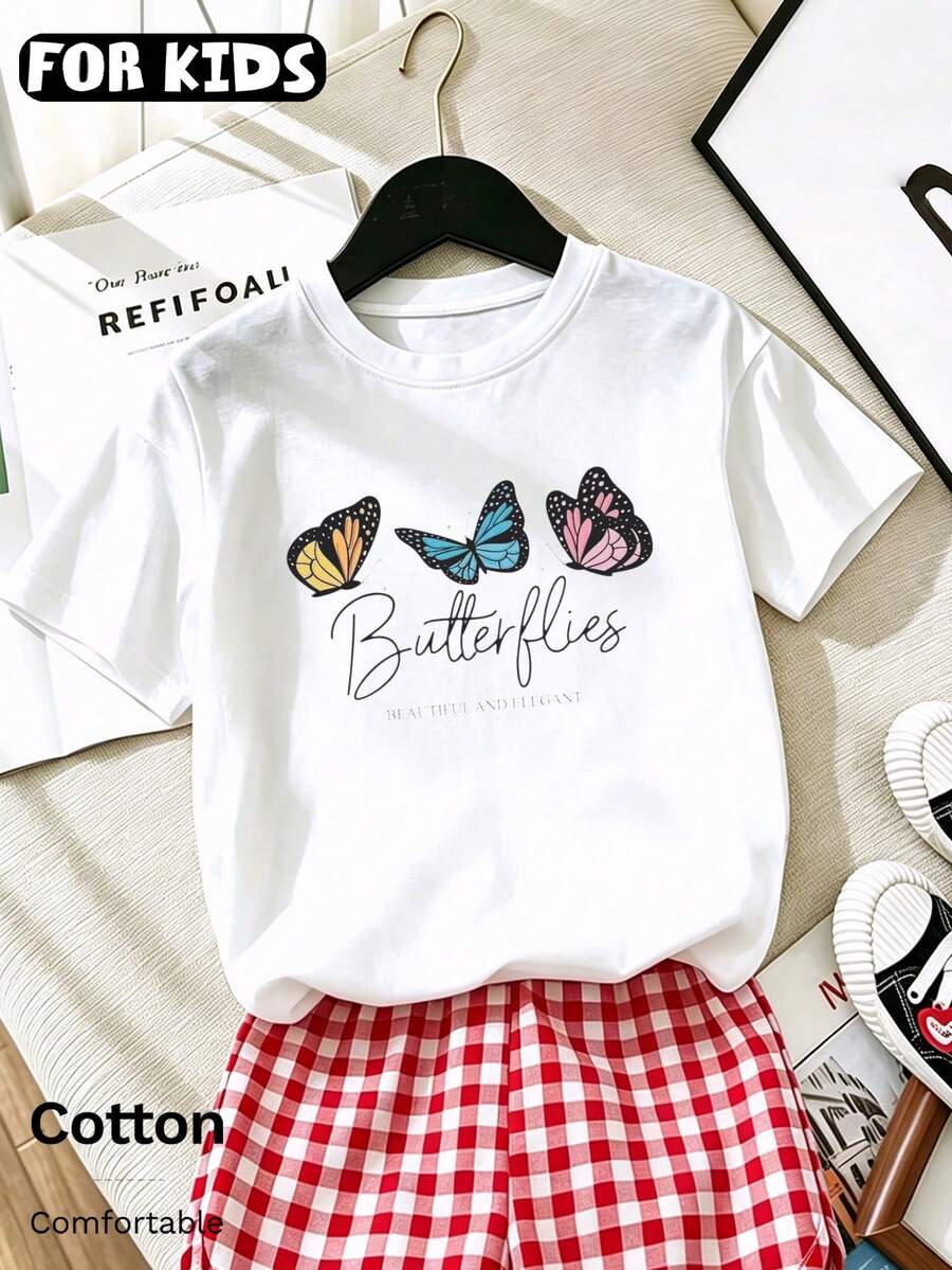 Soft And Comfortable Young Girls Short-Sleeve T-Shirt, Butterfly And Letter Print, Crew Neck Casual Style, Suitable For Daily Wear, Butterfly Pattern Print - White - View 1