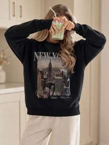 Women's New York City Graphic Sweatshirt, Black Crew Neck Long Sleeve Pullover, Autumn/Winter Casual Urban Street Style Top - Black - View 4