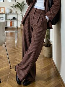 Fall/Winter Striped Women's Formal Pants, Elastic Waist, Slimming Loose Wide Leg - Brown - View 5