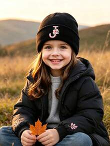 1Pc A-Z Letter Kids Knitted Hat, Solid Color Warm Children Knitted Cap For Ages 3–8 Boys And Girls , Suitable For Outdoor & Daily Wear - Black - View 2