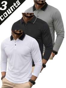 3pcs Basic Long Sleeve Polo Shirts, Light Business Retro Collar Long Sleeve Tops, Woven Wrinkle-Resistant Easy Care Slim Fit T-Shirts, Men's Spring Autumn Commute Reception Visitor Casual Gathering Outfit - Multicolor - View 11