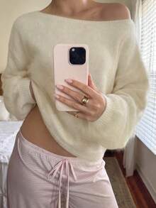 Women Casual Autumn Winter Boat Neck Beige Solid Color Drop Shoulder Knit Top Long Sleeve Puff Sleeves Sweater Daily/Work/ - Beige - View 10