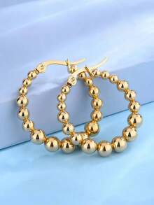 1 Pair 18K Stainless Steel Round Bead Hoop Earrings, Suitable For Daily Wear, Halloween Gift - Gold - View 6