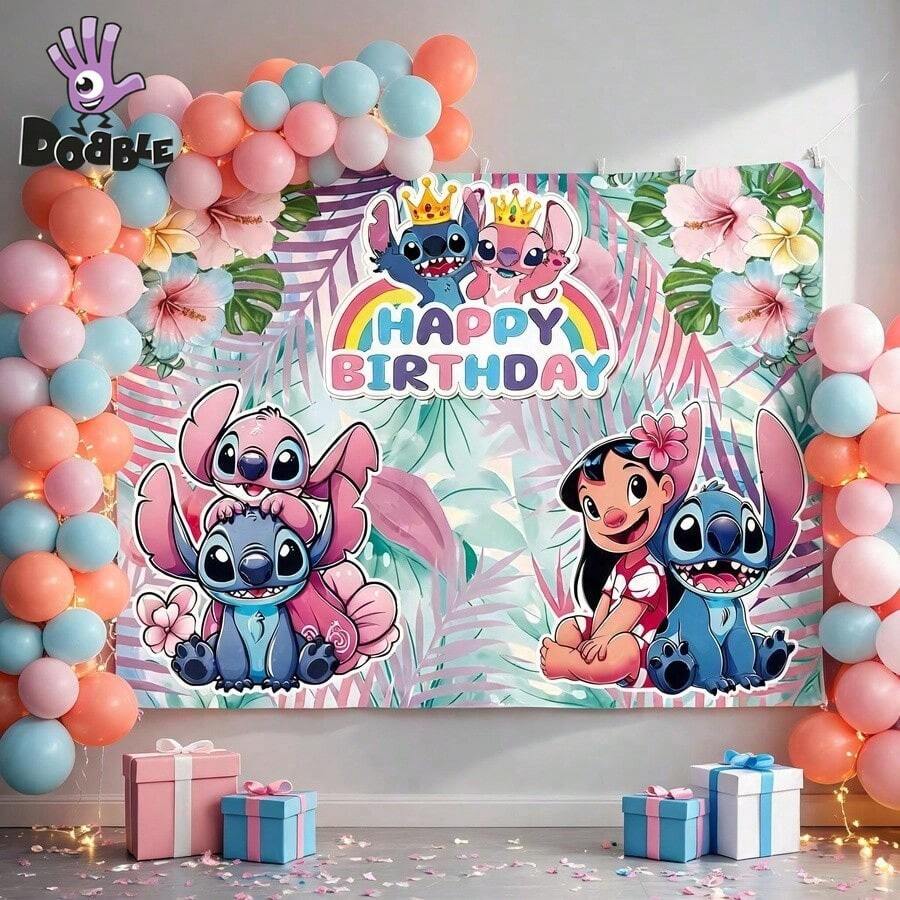 DOBBLE Stitch 1pc 210*150cm Birthday Party Backdrop, Stitch, Angel And Lilo Hawaiian Cartoon Photography Background Banner For Photo Booth, Cake Table, Wall Decor And Party Supplies - View 1
