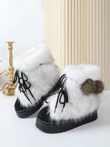 Black And White Contrast Faux Fur Lace-Up Ankle Boots For Women, Winter Fashion - Black - View 2
