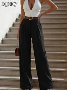 DONICY Women's Solid Color Pleated Wide Leg Loose Long Pants, Fashion Casual - Black - View 7