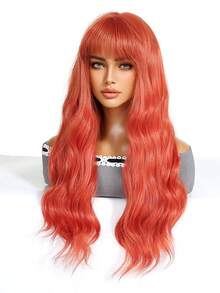 FIVE STARS Bright Orange Long Wavy Wig With Bangs Synthetic Heat Resistant Copper Red Loose Wave For Women 26 Inch Halloween Christmas Cosplay Party Daily Natural Look - Multicolor - View 7
