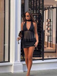 V-Neck Halter Fashionable Sexy Backless Sheer Strap Cropped Top Black Summer - Black - View 2