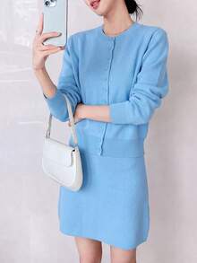 Bộ 2 món áo cardigan và chân váy nữ phong cách tối giản thường ngày cho mùa thu/đông - Màu xanh lam - Xem 5