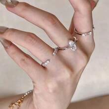 3PCS Exquisite Marquise Zirconia Multi-Layer Stackable White Gold Plated Rings, Luxury Women's Adjustable Engagement Ring Set - Silver - View 8