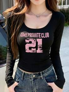Women's U-Neck Long Sleeve T-Shirt, New Spring/Autumn Numeric & Letter Print, American Chic Style, Fashionable Casual Fitted Cropped Top Black - Black - View 6