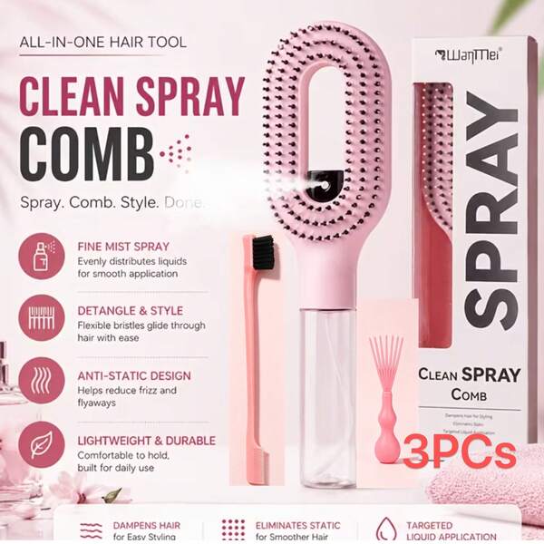 3PCS/Upgraded 2-In-1 Spray Cushion Hairbrush Set, Transparent Water Storage Design, Built-In Water Tank For Self-Refillable Liquid Spray; Soft Elastic Bristles Won't Damage Hair, Essential For Home Use, Suitable For Hairstylists Styling, Professional Hair Salon Tools.