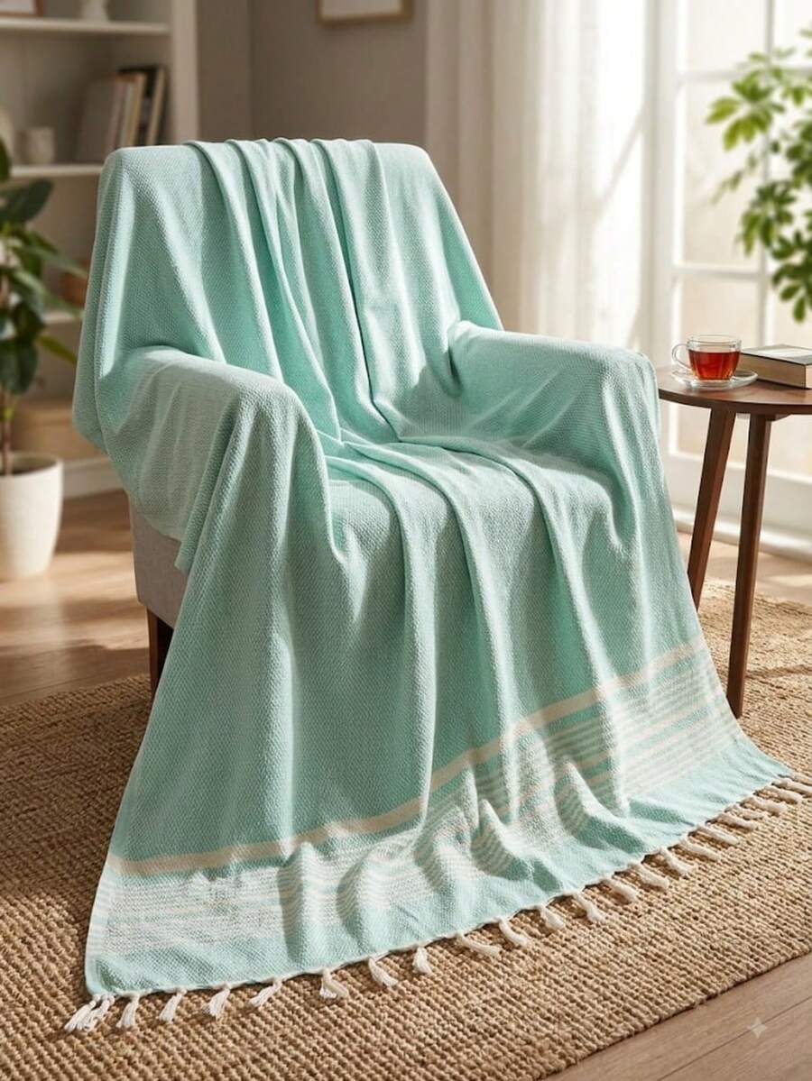 Bohemian Sofa Cover, Single-Seater Bohemian Sofa Throw, Dokubba Peshtemal Sofa Throw - Mint Green - View 1