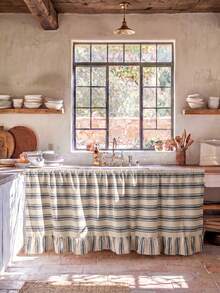 1/2pcs Beige Gray Horizontal Striped Table Skirt, Rustic Pastoral Style Fabric Material, Rectangular Top Pleated And Bottom Ruffle Detail, Storage Concealment And Decorative Beautification Function, Suitable For Storage Rack Cover And Natural Home Decor Scenes - Dark Grey - View 10