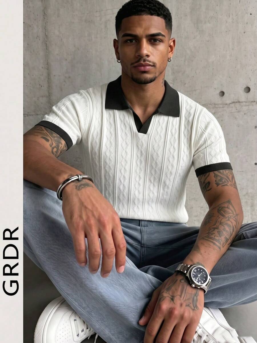 GRDR Men's Lightweight Seagull Collar Solid Color Short Sleeve Knit Sweater, Suitable For Summer Outings, Essential For Fashionable Styling
