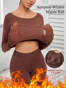 2pcs/Set Women's Winter Clothing 2-In-1 With Built-In Padding, Comfortable Minimalist Slimming Warm Pajama Set - Multicolor - View 4