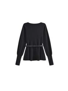 Slimming V-Neck Knitted Sweater, Autumn/Winter Base Layer Top - Black - View 6