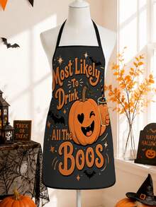 1pc Halloween Pumpkin Ghost Apron, American Cartoon Funny Slogan Print, Polyester Material, 55*68cm, Home Use Cocktail Baking Anti-Stain Apron, Halloween Party Kitchen Gift Workwear - Multicolor - View 6
