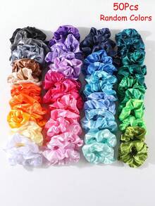 50pcs Random Color Satin Hair Ties, Girls Only, Elastic Hairbands With Colorful Ribbons, For Daily Ponytail Styling - Multicolor - View 7