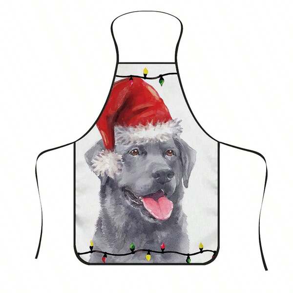 1pc Christmas Healing Labrador Colorful Lights Print Apron, Featuring Silver-Grey Labrador Wearing White-Trimmed Christmas Hat Surrounded By Colorful Light String Pattern, Durable Cooking Apron Suitable For Bakers, Cake Decorators, BBQ Enthusiasts, Gardeners, Painters, Nail Artists - Perfect Gift For Home And Professional Chefs